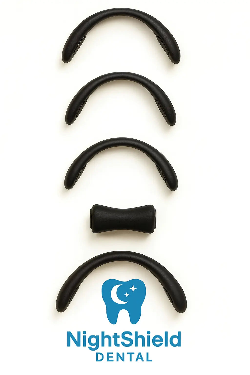 Black dental night guards arranged in a row with NightShield Dental logo at the bottom.