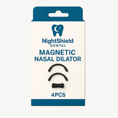 NightShield Dental Magnetic Nasal Dilator packaging with four black dilators on a white background