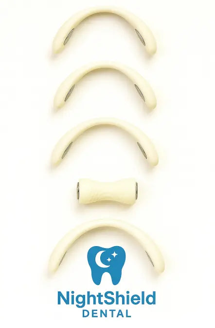 Set of dental night guards with NightShield Dental logo on a white background