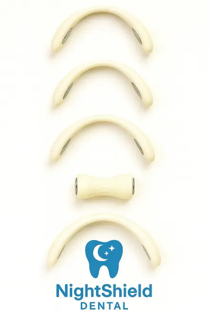 Set of dental night guards with NightShield Dental logo on a white background
