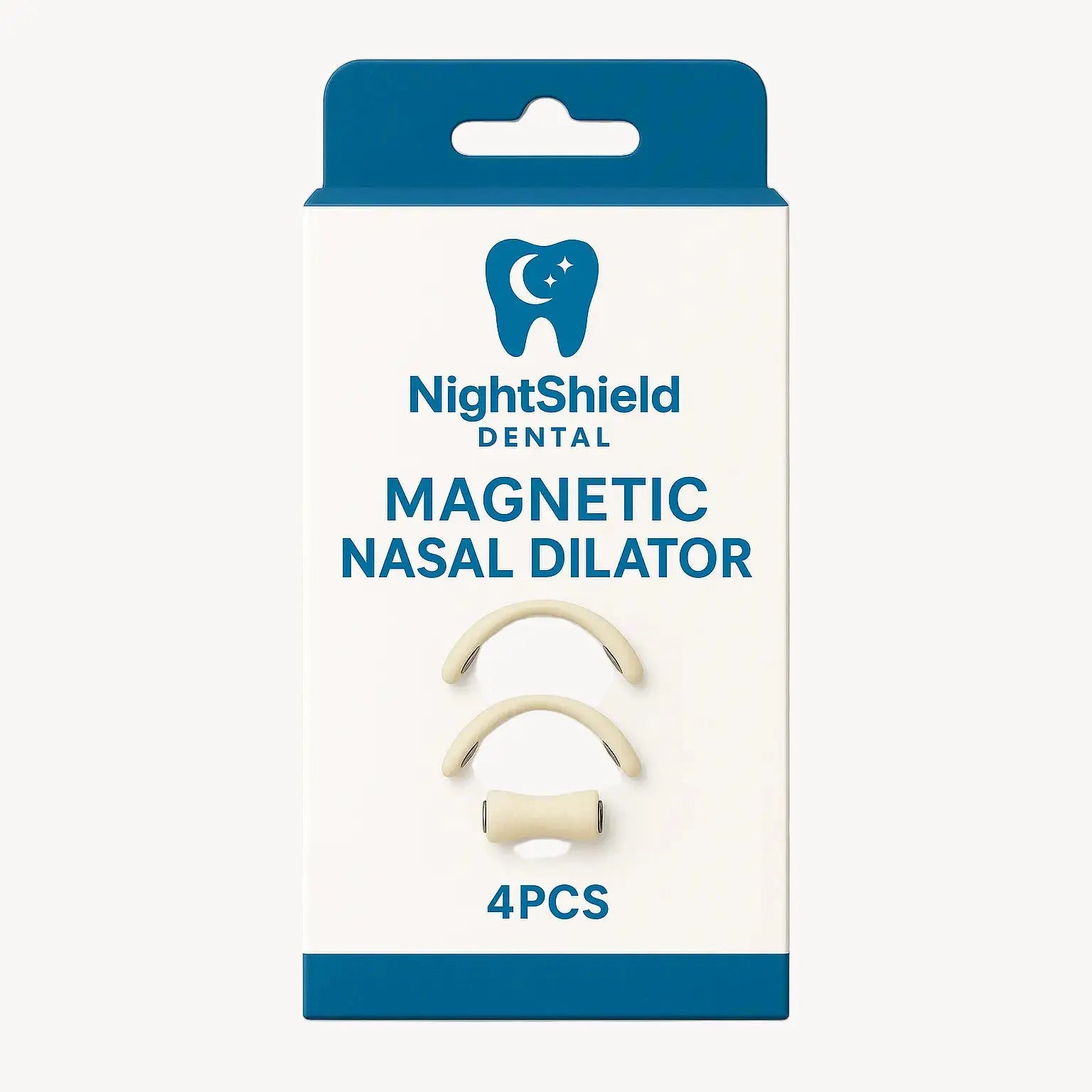 Packaging of NightShield Dental Magnetic Nasal Dilator with two nasal dilators on a white background.