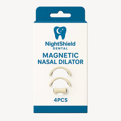 Packaging of NightShield Dental Magnetic Nasal Dilator with two nasal dilators on a white background.