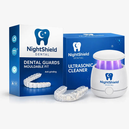 NightShield Dental packaging and ultrasonic cleaner on a white background