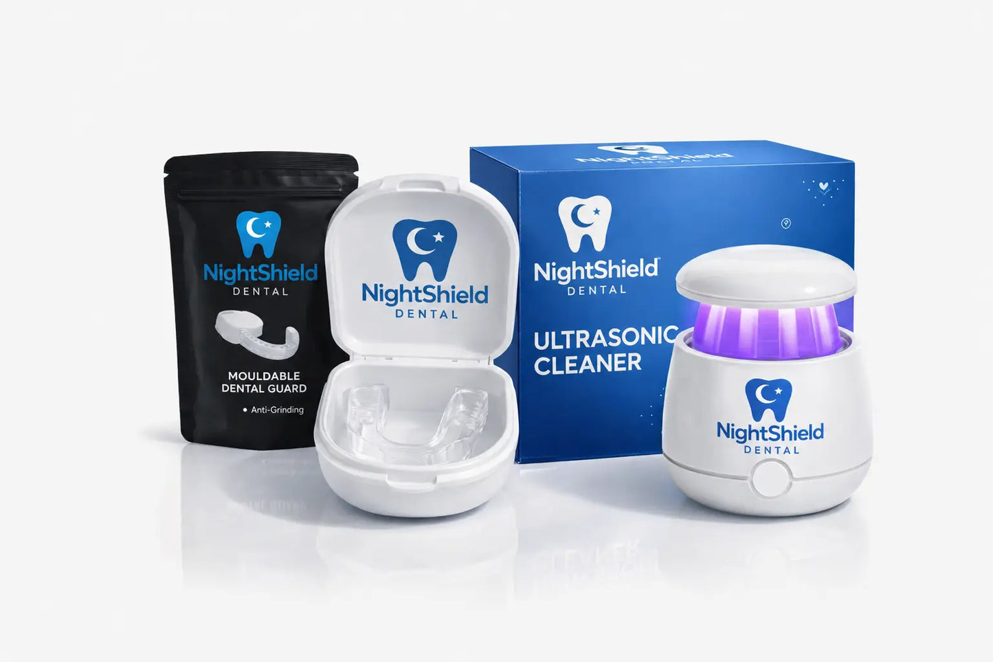 NightShield Core Dental products including a nightguard, case, packaging, and ultrasonic cleaner on a white background