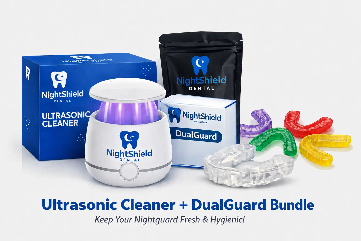 NightShield Dental ultrasonic cleaner and mouthguard bundle on a white background with text.