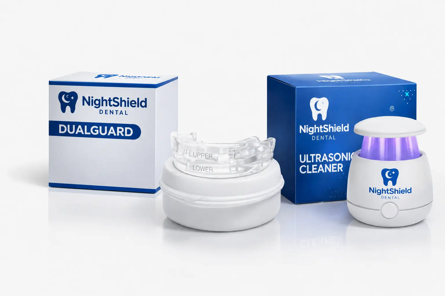 NightShield Care Kit™ bundle including an ultrasonic cleaner and Dualguard on a white background.