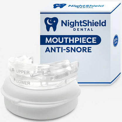 Night Shield Dental Airguard anti-snore and Sleep Apnea device / MAD (Mandibular Advancement Device) with packaging on a white background
