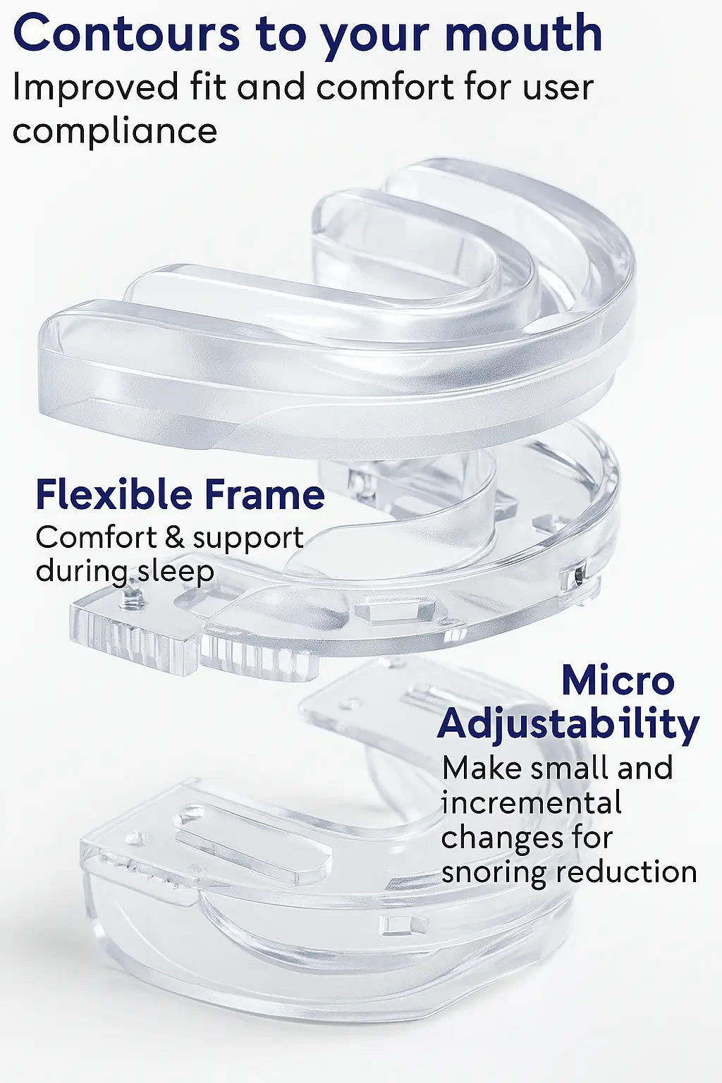 Snore relief/Sleep Apnea/ MAD device with text highlighting features on a white background