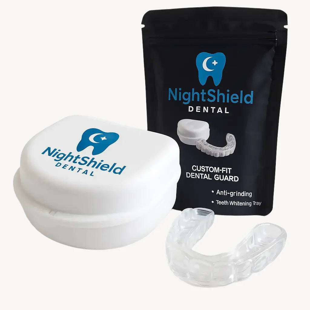 Night Shield Dental custom-fit dental guard packaging with a white guard and clear tray on a white background.