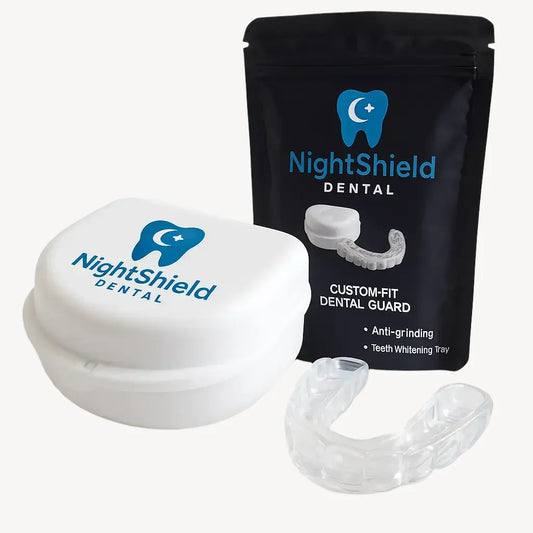 Night Shield Dental custom-fit dental guard packaging with a white guard and clear tray on a white background.