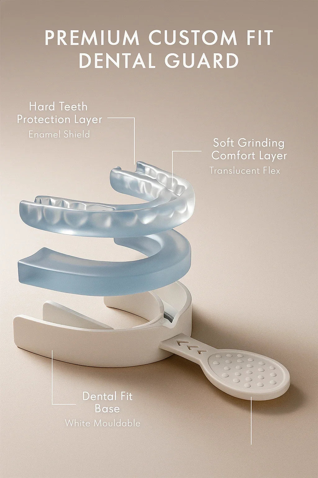Nightguard with detailed and labelled layers for moulding on a beige background. Featuring a hard teeth protection layer which acts as an enamel shield. Soft grinding comfort layer which has a translucent flex.