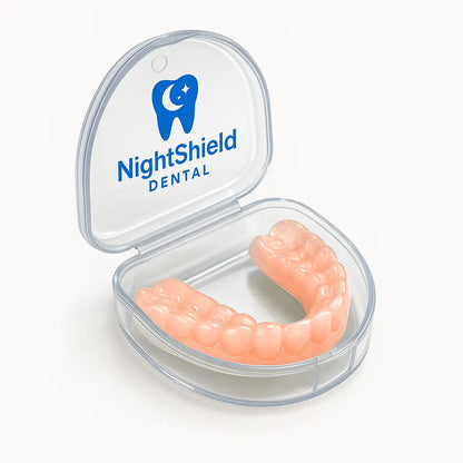 Orange dental night guard in a clear Night Shield Dental case on a white background