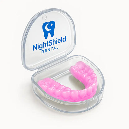 Pink dental guard in a clear Night Shield Dental case on a white background