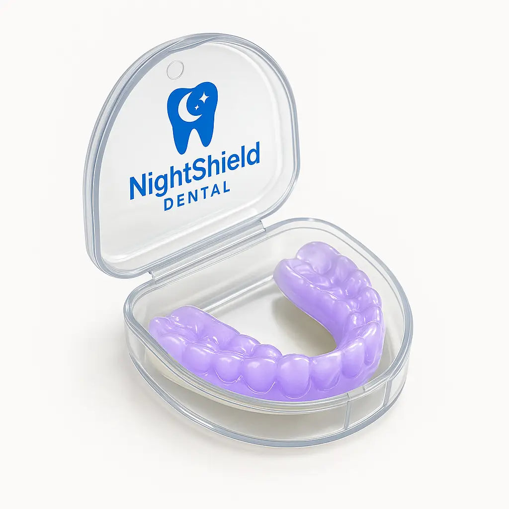 Purple dental guard in a clear Night Shield Dental case on a white background