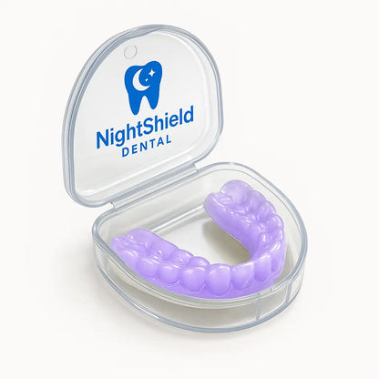 Purple dental guard in a clear Night Shield Dental case on a white background