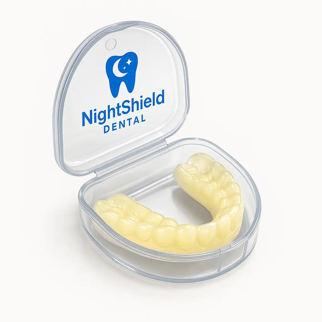Clear Night Shield Dental mouthguard case with a yellow mouthguard inside on a white background