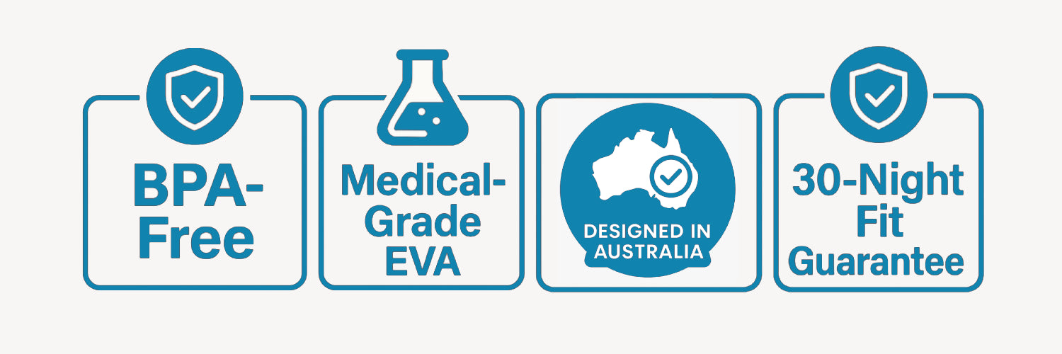 Night Shield Dental Trust Badges Footer BPA Free, Medical-Grade EVA, Designed In Australia, 30-Night Fit Guarantee